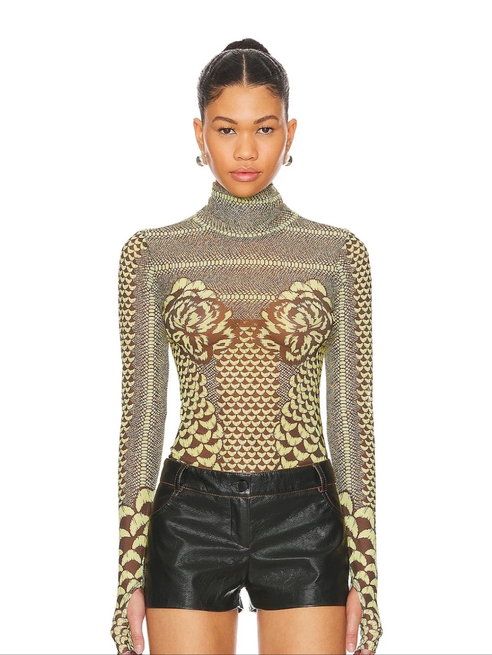 Sheer Patterned Turtleneck Long Sleeve Top - Yellow/Brown